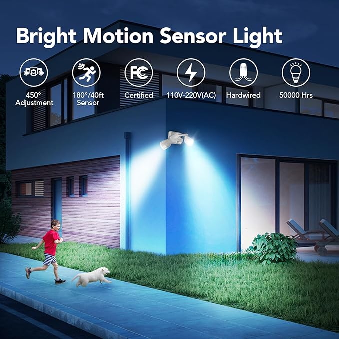 OREiN Motion Sensor Outdoor Lights, 450° Superwide Adjustment Dimmable Dusk to Dawn Flood Lights Outdoor, 5000K/12W (150W Equiv) Outside LED Security Lights IP65, White (Hardwired)