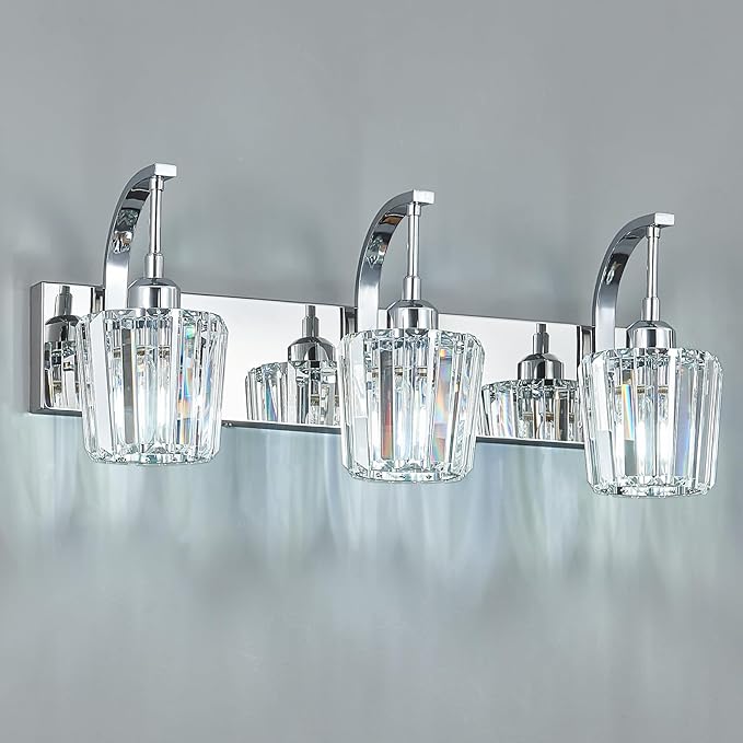 FDPBY Modern Bathroom Vanity Light, 3-Light Chrome Wall Sconce with Crystal Accents, Over Mirror Bathroom Lighting Fixture, 23.62" Long Dimmable Vanity Lamp for Makeup, Easy Installation