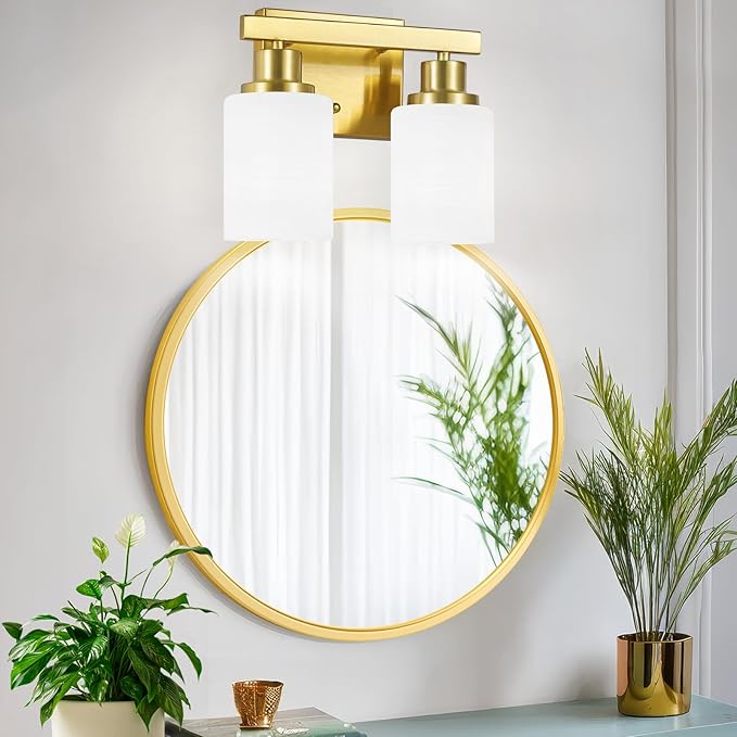 DIKAIDA Gold Bathroom Light Fixtures Over Mirror, 2-Light Modern Vanity Lights with White Glass Shade, Bathroom Wall Lamp Sconces for Mirror Bedroom, Living Room Hallway Small Space