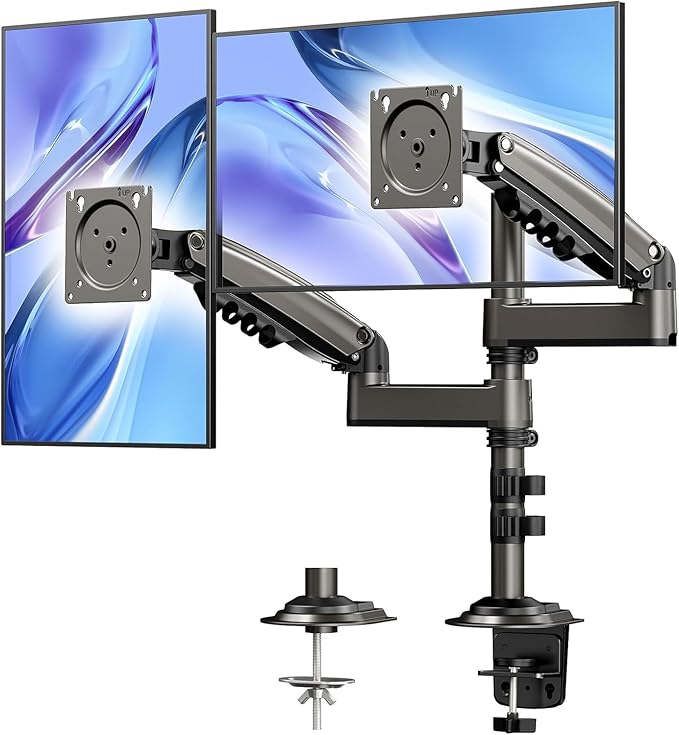 HUANUO 13-32 Inch Dual Monitor Stand, NITROGLIDE™ Dual Monitor Mount, Monitor Stand 2 Monitors, Ergonomic Adjustable Tilt/Swivel/Rotate, Weight Max 19.8 lbs, VESA 75/100mm