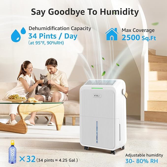 KNKA 2500 Sq.Ft Dehumidifiers for Home with Drain Hose Max 34 Pints, Dehumidifier for Basement, Bedroom, Bathroom, Large Room, Three Modes, Intelligent Humidity Control, Dry Clothes, 24HR Timer