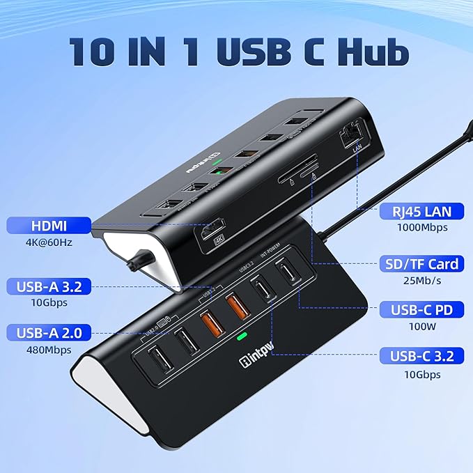 intpw P9R PRO USB C Hub Ethernet, 10Gbps USB C Docking Station 10-in-1 with 4K@60Hz HDMI, Type-C & 2 USB A 3.2 Data, LAN, 2 USB A 2.0, PD 100W, SD/TF Ports, Powered USB Hub for Laptop, iPhone 17, Mac