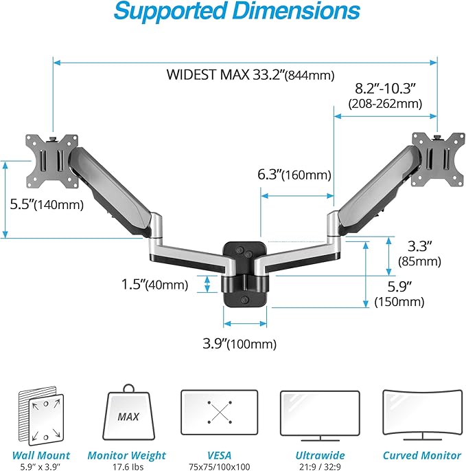 AVLT Dual 13"-32" Monitor Wall Mount fits Two Flat/Curved Computer Screen to Reduce Eye & Neck Strain | Full Motion Swivel Tilt Rotation Height Adjustable Arm | VESA/Cable Management