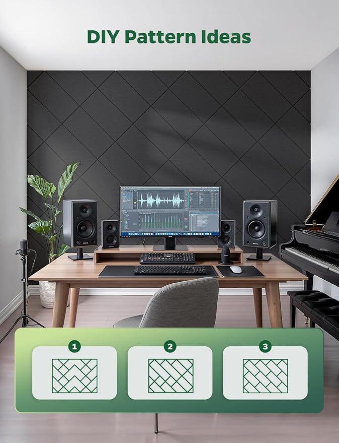 Topnaca Decorative Acoustic Soundproof Walls Panels for Room, 12 Pack Blcak Self Adhesive Sound Absorbing and Noise Reducing Tiles for Studio, Bedroom, Home Office, Ceiling, Pared, 12"x12"x0.4"
