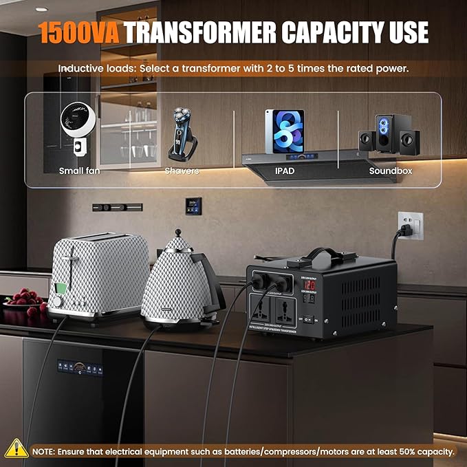1500W Voltage Converter Transformer Step Up 110V/120V to220V/240V or Step Down 220V to 110V AC Power Converte, Circuit Breaker Protection, 2 US sockets, 2 Universal sockets, LCD Display