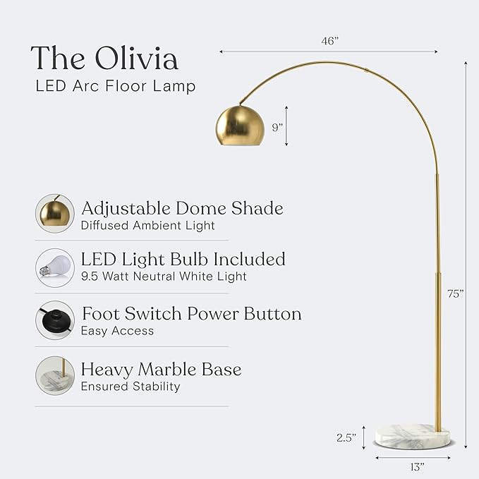 Brightech Olivia Floor Lamp, Arc Lamp for Living Rooms, Standing Lamp with LED Light Bulbs for Bedroom Reading, Great Living Room Décor, Tall Lamp for Offices – Brass/Gold
