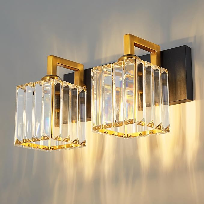 FDPBY Modern Bathroom Vanity Light 2-Lights Black Gold Crystal Wall Lamp Bathroom Modern Crystal Vanity Lighting