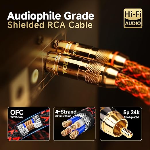 TODN Audiophile RCA to RCA Audio Cable with 4-Core-OFC Shielded RCA Stereo Cables for HiFi Home Theater (1.64ft/0.5m, 1 Pair)