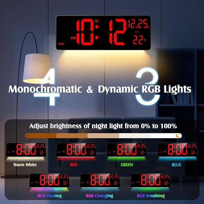 Xflyee 16.5" Large Digital Wall Clock with RGB Night Lights, Auto Dimmer, Remote Control, Date, Indoor Temperature, DST