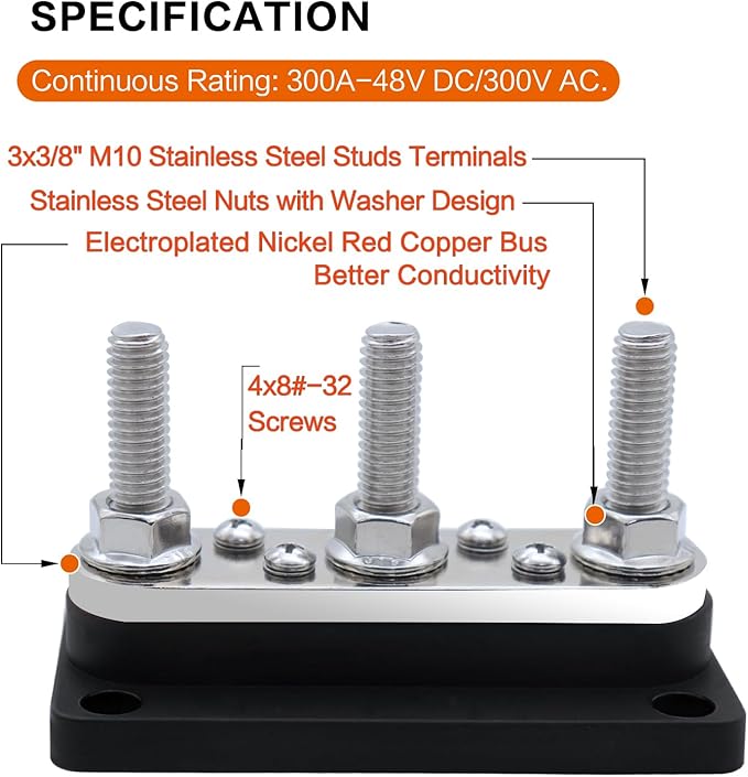 AMOMD 300A Bus Bars 3 Terminal Studs (3/8 inch) M10 4 8#-32 Screws Nickel Plated Copper Distribution Block Negative Electrical Buss Bars 12-48 V DC with Cover for Trailer Marine Boat Car RV (Black)