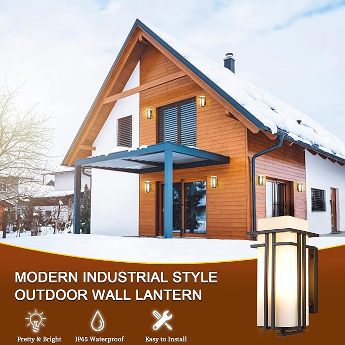 EERU Outdoor Porch Light Wall Mounted Waterproof Wall Lantern Exterior Light Fixture for Entryways Yards Garage Front Porch, Square Metal Frame with Frosted Glass, Black