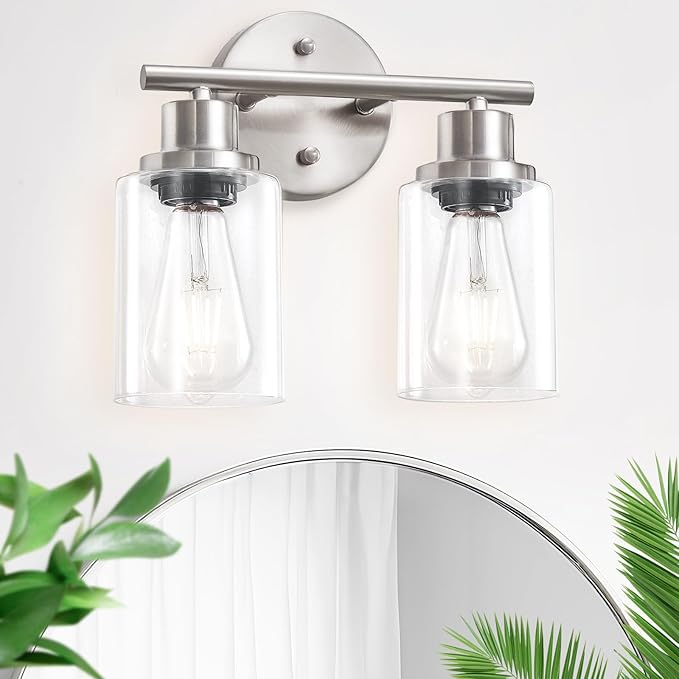 Guliaofo 2-Light E26 Bathroom Light Fixtures, Modern Brushed Nickel Vanity Lights for Bathroom with Clear Glass Shade, Mirror Kitchen Hallway Cabinet Living Room Sconces Wall Lights