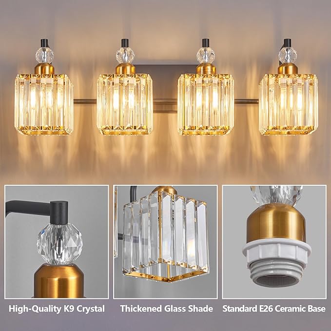 BBLLWJ Black and Gold Bathroom Lights Fixture 4-Light Bathroom Light Gold Brushed Brass Finish Crystal Vanity Light Fixtures Modern Bathroom Light Fixtures Over Mirror