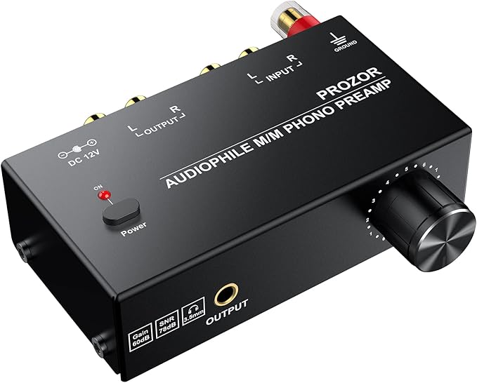 PROZOR Pre Amplifier for Turntable Audiophile M/M Phono preamp with Level Volume Controls with RCA Input, RCA/3.5MM Output interfaces, Low Noise Operation Including 12V 1A Power Adapter