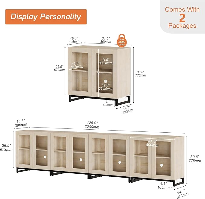 WAMPAT Modern TV Stand with Glass Doors for 120 inch TVs, 4 in 1 Entertainment Center Console with Adjustable Shelves and Metal Base for Living Room, Bedroom, Light Oak