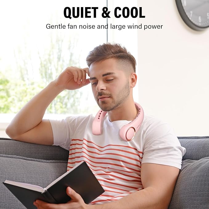 Jancane Neck Fan, USB Rechargeable Personal Fan, 3 Speeds Adjustable, Large air outlet Powerful Strong Wind, Adjustable, 360° Cooling, Super Quiet, No Blade Design, No Hair Twisting, Small (Pink)
