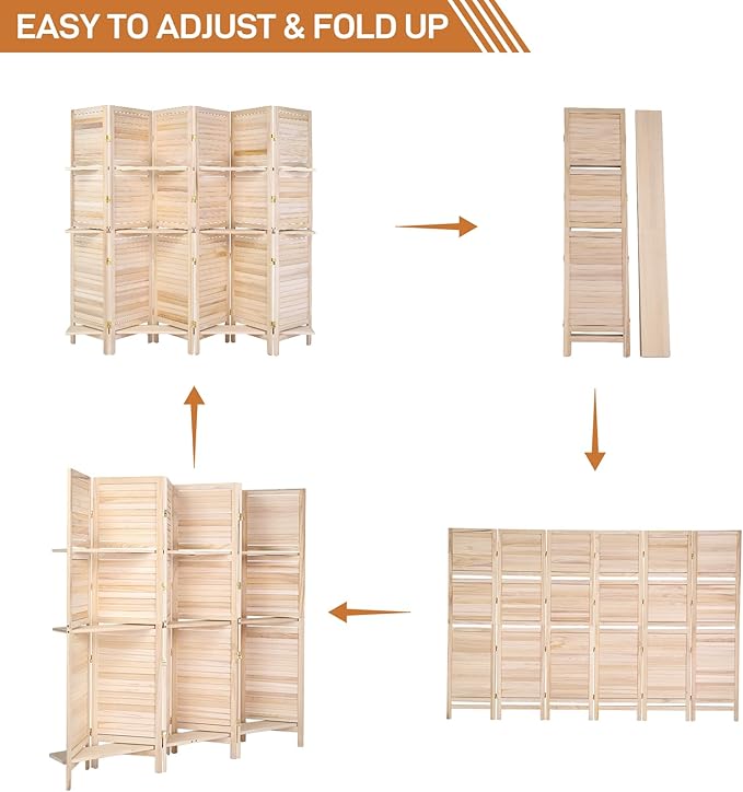 Bonnlo 6 Panels Wood Room Divider with Shelves, 6 FT Height Folding Privacy Screens, Indoor Freestanding Room Partition Wall Divider, Hinged Space Separator (Natural, 6 Panel)