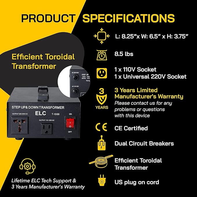 ELC T Series 1000+ Watt Voltage Converter Transformer - Step Up/Down - 110v to 220v / 220v to 110v Power Converter - Circuit Breaker Protection, CE Certified [3-Years Warranty]