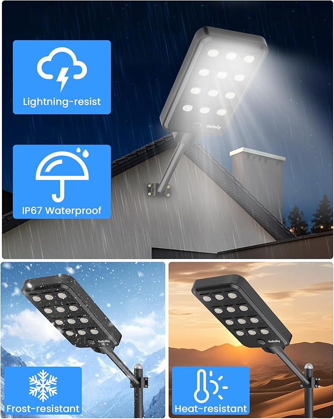 Gefolly G-13000W Solar Street Light Outdoor, Wide Angle Commercial Parking Lot Light Dusk to Dawn 6500K IP67 Flood Security with Motion Sensor Lamp for Yard, Basketball Court
