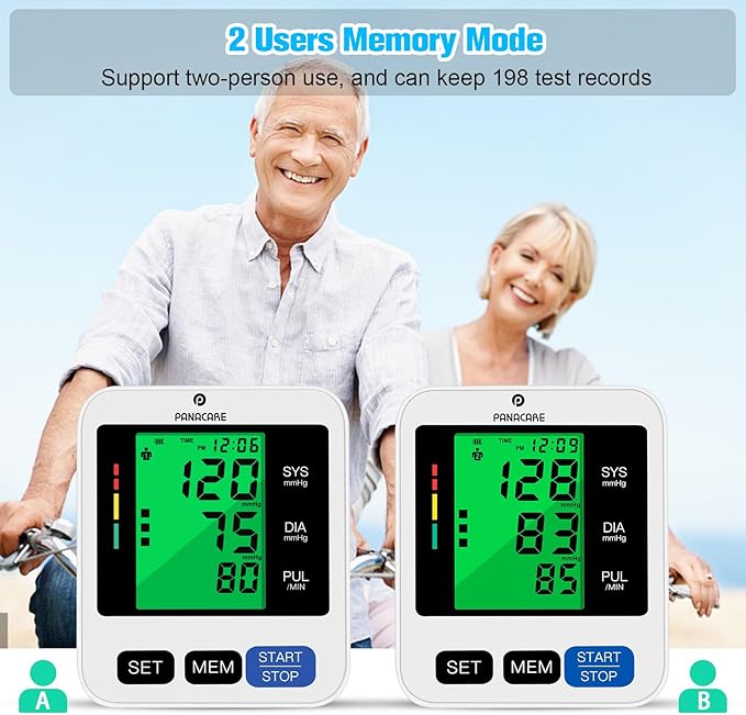 Panacare Blood Pressure Machine, Automatic Upper Arm Blood Pressure Monitor for Home use, 2x99 Readout and BP Cuff, 3.4" 3-Color Backlit Screen, Adjustable Large Cuff (8 to 16 inches), Black
