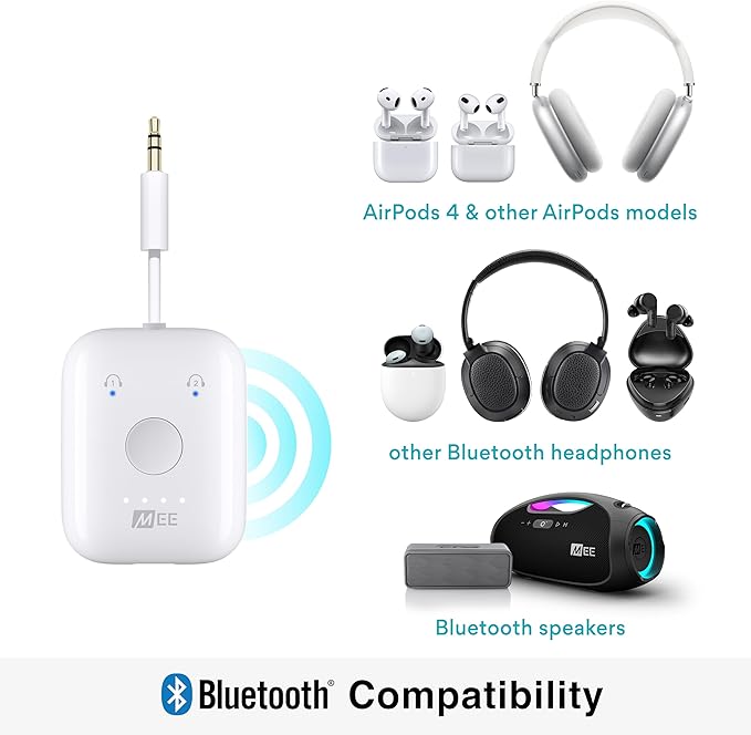 MEE audio Connect Air in-Flight Bluetooth Wireless Audio Transmitter Adapter for up to 2 AirPods / Other Headphones; Works with All 3.5mm Aux Jacks on Airplanes, Gym Equipment, TVs, & Gaming Consoles