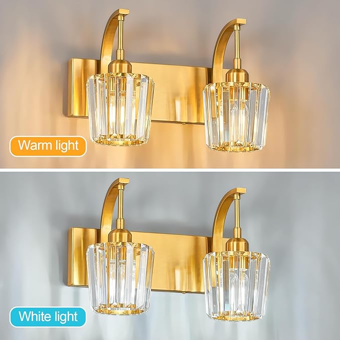 FDPBY Modern Bathroom Vanity Light, 2-Light Gold Wall Sconce with Crystal Accents, Over Mirror Bathroom Lighting Fixture, 13.77" Long Dimmable Vanity Lamp for Makeup, Easy Installation