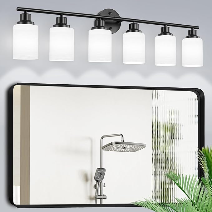 Guliaofo 6-Light Bathroom Light Fixtures, Vanity Lights for Mirror with Textured Milky White Glass Shade, E26 Base Modern Kitchen Light Fixtures Wall Sconce Light - Black