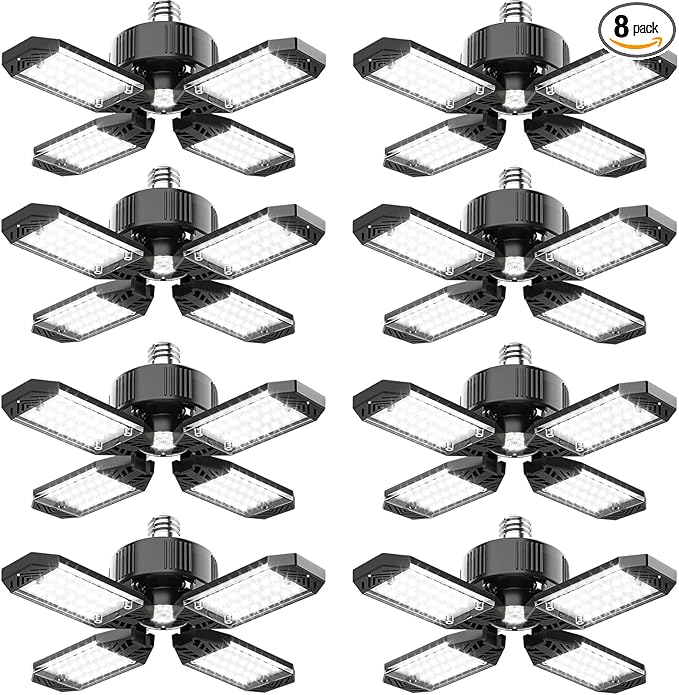 CHENGCHILIT Garage Light - 8PACK 130W 13000LM Deformable 4+1 Panel LED Garage Ceiling Lights with LED Transformer, E26/27 Base, 6500K Daylight White Shop Light for Factory, Storage Room, Warehouse