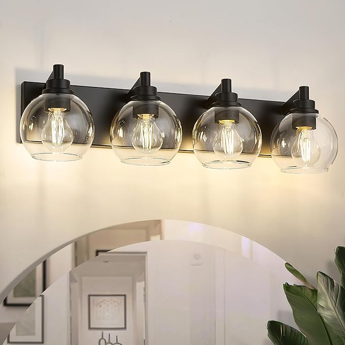 METWET Bathroom Light Fixtures, 4 Light Matte Black Vanity Light, 26 Inch Modern Wall Sconces with Globe Clear Glass Shade, Vanity Lighting Fixtures Over Mirror, VL195-MB-CL-4