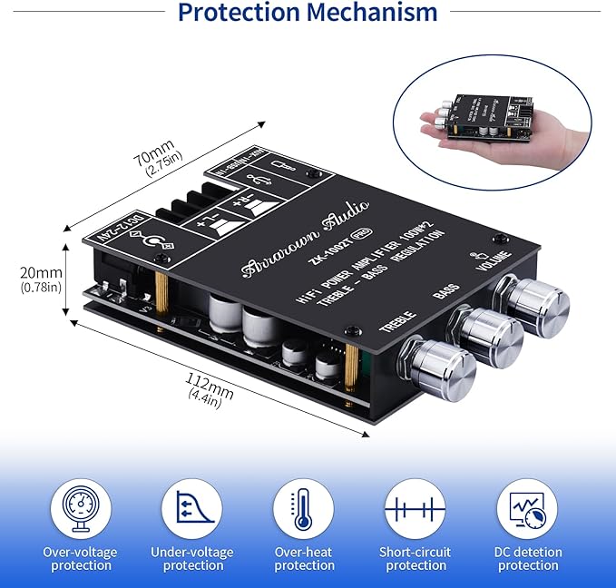ARRAROWN ZK-1002T PRO 2.0 Channel Bluetooth 5.0 Amplifier Board 200W HiFi Subwoofer Audio AMP with Treble and Bass, BT USB and AUX Inputs, DC 12-24V 2.0 Channel Stereo AMP Module for DIY Speakers