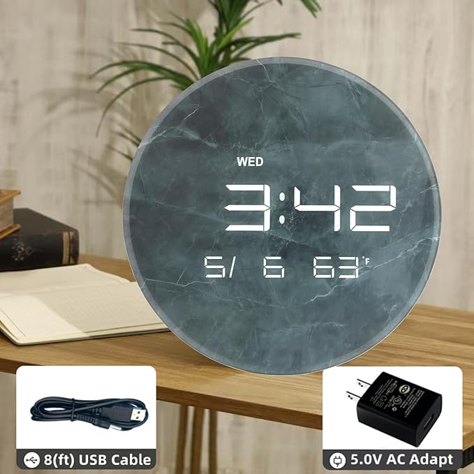 Nbdeal Digital Wall Clock with LED Display, 13" Calendar & Temperature, Automatic Dimming, 12/24hr Format, Wall & Desk Use - HUI-7855