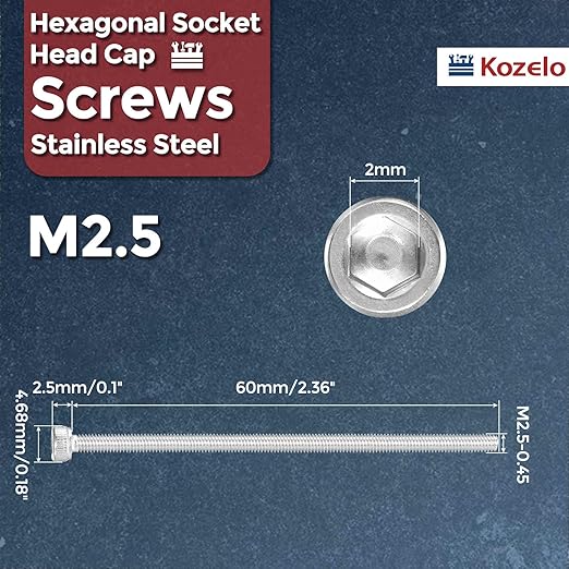 Kozelo 10pcs Socket Head Cap Screws - [M2.5-0.45 x 60mm] 304 Stainless Steel Allen Socket Drive for Electrical Motor 3D Printing Fan Engine Replacement Use, Silver