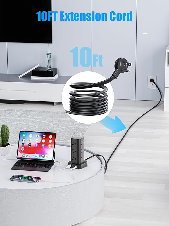Flat Plug Power Strip Tower Surge Protector, 10FT Flat Extension Cord with Multiple Outlets, 12 AC Outlets, 4 USB Ports (2 USB C) Charging Station for Office Home Dorm Room Travel (Black)