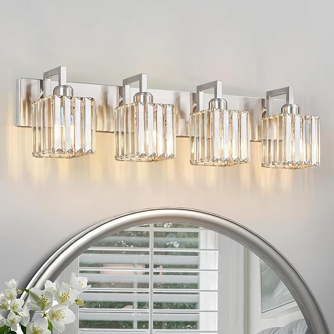 FDPBY Modern Bathroom Vanity Light 4-Lights Brushed Nickel Vanity Light Crystal Wall Light Bathroom Light Fixtures