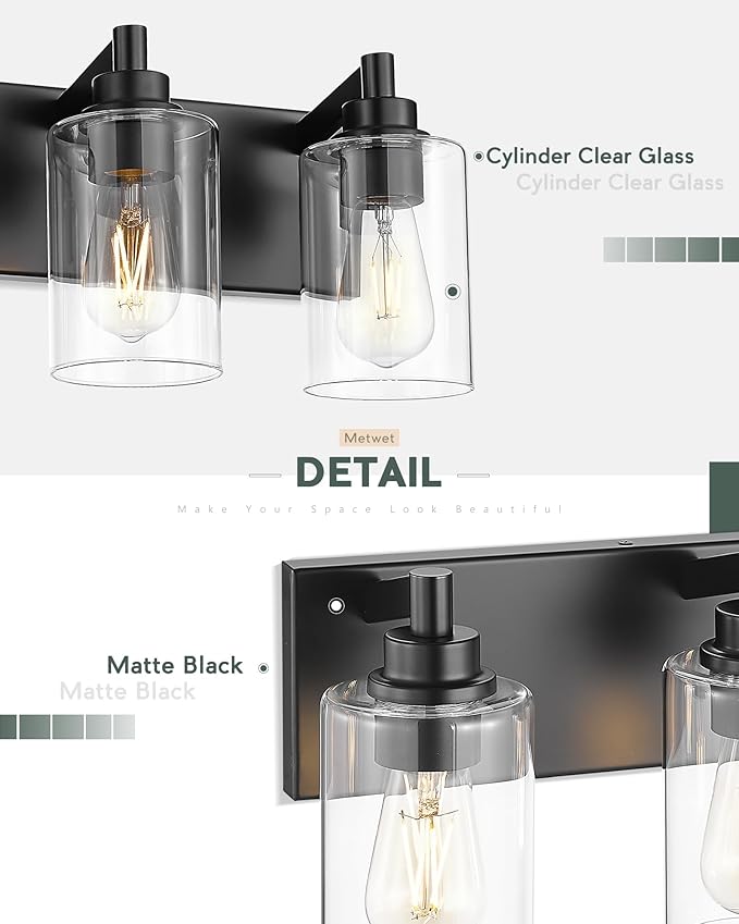 METWET 5-Light Bathroom Light Fixtures, 30 Inch Black Vanity Light with Cylinder Clear Glass Shade, Modern Vanity Lighting Fixtures Over Mirror, VL143-MB-5