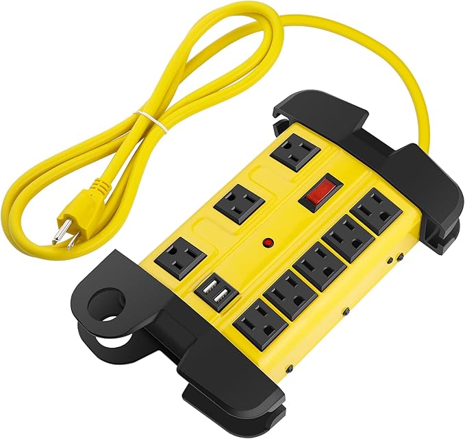 Heavy Duty Power Strip with USB, Workshop 8 Outlet Surge Protector 2700 Joules, Industrial Metal 15Amp Power Strip, 15 FT Extension Cord and Wide Spaced. Yellow