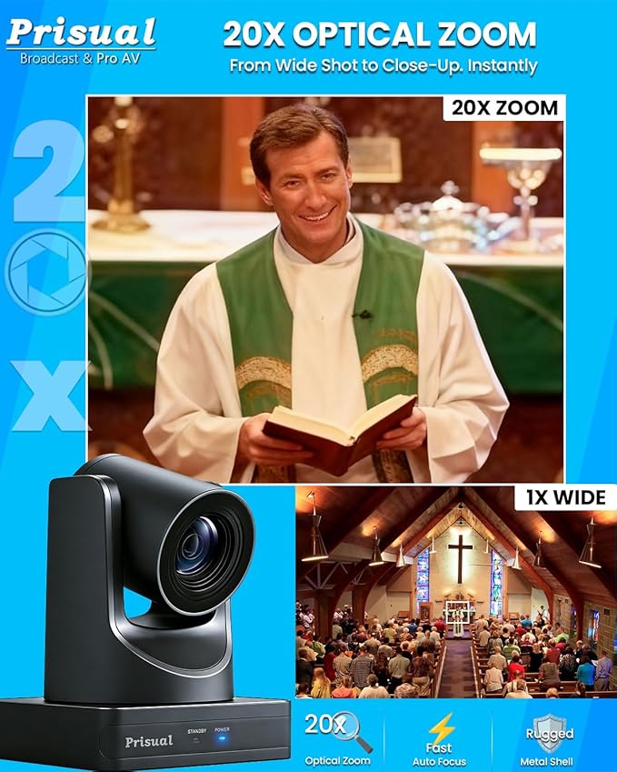 Prisual NDI 6.1.1 PTZ Camera, Ai Auto-Tracking, 20x Optical Zoom LAN USB3.0 PoE HDMI PTZ Camera for Church Services Worship Education Live Events(Official NDI Certified) PT20X-UL-N