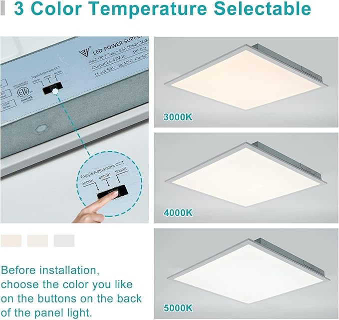 VocgoUU 16-Pack 2x2 LED Flat Panel Light Drop Ceiling, 0-10V Dimmable, 3CCT Selectable (5000K 4000K 3000K) & 3 Wattage Switchable (40W 30W 20W), 100-277Vac, ETL & DLC