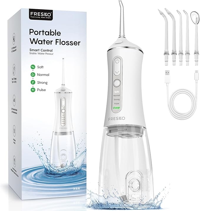 FRESKO Water Dental Flosser for Teeth, 300ML Cordless Flosser with Constant Pressure, Rechargeable Oral Irrigator Cleaner for Travel Home Use and Braces Care, IPX7 Waterproof, 5 Jet Tips