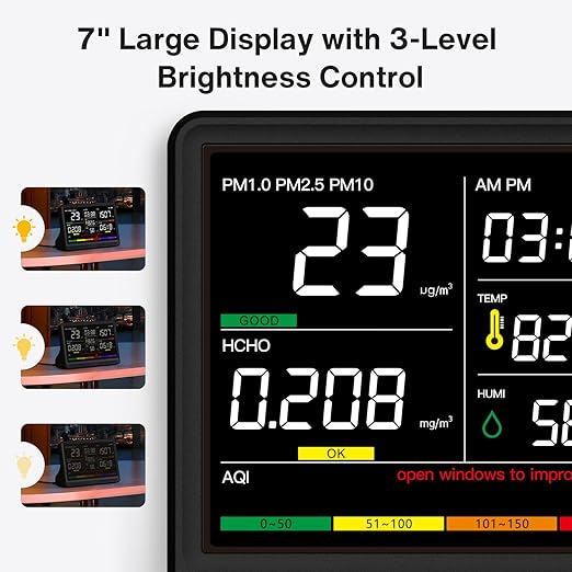 16 in 1 Air Quality Monitor Indoor 7" Display 9 AQI+7 AQI Alerts, CO2 Monitor Air Quality Tester for CO2, TVOC, PM2.5 PM1.0 PM10, HCHO Temperature Humidity AQI & Time Air Quality Meter for Home
