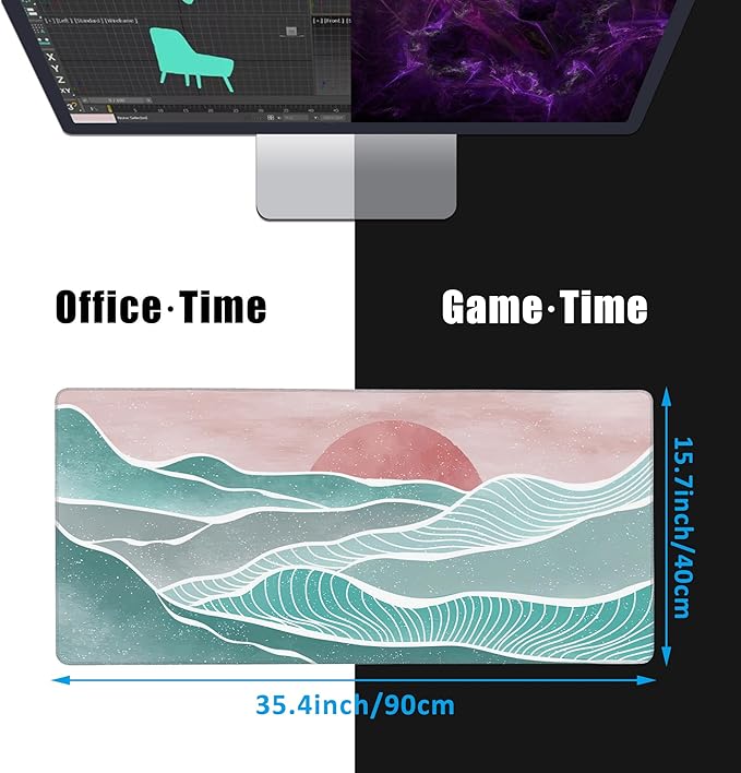 EOBKLAX Ocean Wave and Mountain Large Gaming Mouse Pad,Waterproof Desk Mat for Desktop,Non-Slip Rubber Base Mousepad with Stitched Edges for Laptop Office and Home 35.4X15.7 Inch