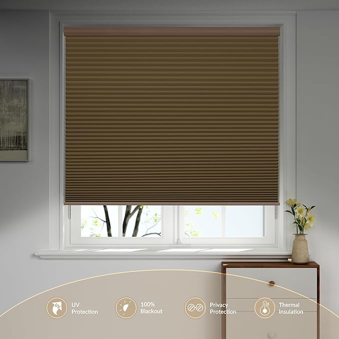 Boolegon Motorized Blinds with Remote, 100% Blackout Smart Blinds, Automatic Cellular Shades for Windows, Rechargeable Electric Honeycomb Shades for Home,Blackout Dark Brown,Custom Size