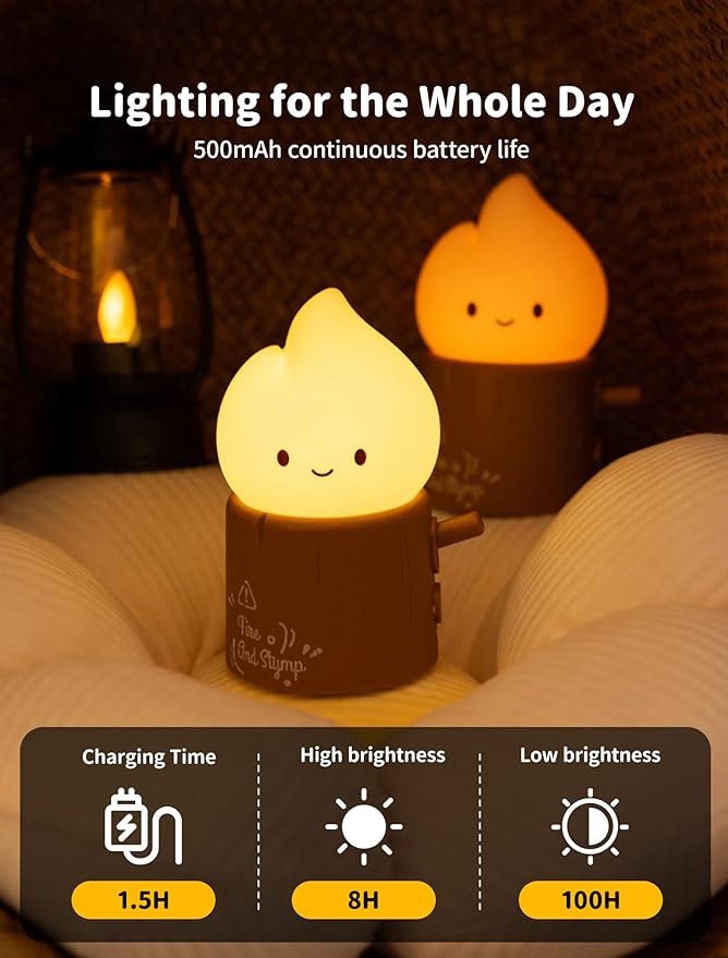 Tarinks Stump Fire Night Light, Flameless Candles Lamp, Torch Stump Light, Rechargeable Silicone Flame lamp, Cute Night Light for Bedroom, Outdoor, Camp, Funny Gifts for Kids Teens Adults