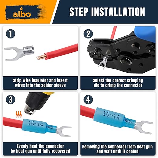 150PCS Blue Heat Shrink Fork Spade Connectors #10 – 16-14 AWG Tinned Copper Terminals, Waterproof Wire Crimp Kit for Automotive, Marine, Speaker & Electrical Wiring