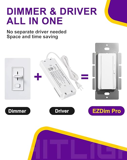 HitLights LED Driver and Dimmer Switch in One 100W, 120V AC to 24V DC, Compatible with Most Solid Color 24V Strip Tape Lights, UL Listed, Single-Pole/3-Way, EZDim Pro, White