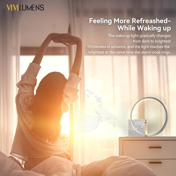 Vivilumens Sunrise Digital Alarm Clock, White Noise Sound Machine, Sleep Aid Timer with USB Port, Dimmable Digital Clocks Display, Snooze,10 Ringtones for Heavy Sleepers, Bedroom Decor Gifts for Women