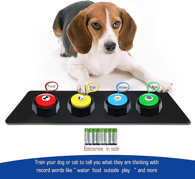 ANLIKY Recordable Buttons, Dog Buttons for Communication, Pack of 4 Colored Buzzers with Mat & 30 Scene Stickers 15 Custom Stickers. Non-Slip Stickers Inside