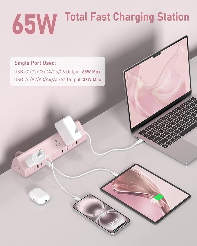 Jgstkcity Desk Clamp Power Strip,65W Fast Charging Station,4 USB-C,4 USB-A,1200J Surge Protector,ETL Listed,1875W Extension Cord,Multiple Outlets for Home, Office (Pink, 6 FT Cable)