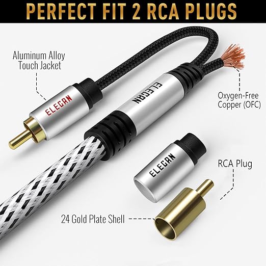 Elecan Premium RCA Cable 75 Ft (Hi-Fi Sound-16 AWG-Shielded) 2 RCA Male to 2 RCA Male Stereo Audio Cable, Gold Plated-Aluminum Alloy Shell-Pure Copper-Braided RCA Cord for Home Theater Speakers + Ties