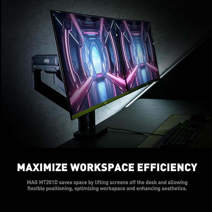 MSI MAG MT201D - Premium Heavy Duty Dual Monitor Stand Arms, 17-45" Support, VESA Compatible, Adjustable Spring Mount, 44 lbs per Screen, Clamp & Grommet, Quick Release Plate - Black